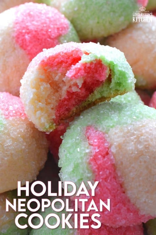 Holiday Neopolitan Cookies are two-bite cookies made with red, green, and white cookie dough. They are rolled in sugar and baked for a cute and festive Christmas confection. Use different extracts in each dough colour or prepare them with just good vanilla! #neopolitan #christmas #holiday #cookies #redandgreen