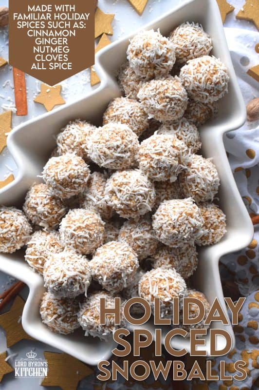 Being from Newfoundland, I know a thing or two about snowballs! They are a very traditional treat on the island, and loved by everyone. But, who says they have to be chocolate flavoured? Christmastime treats conjure up warming spice flavours, just like the ones in these Holiday Spiced Snowballs! This version is void of chocolate, but has an explosion of spices like cinnamon, nutmeg, cloves, and ginger! #pumpkinspice #holidayspiced #christmas #snowballs 