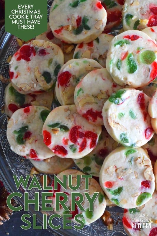 Chopped red and green candied cherries add a pop of festive colour and delicious flavour to these Walnut Cherry Slices. Prepare a month in advance and freeze the dough. When ready to bake, simply cut the dough into slices and bake until light and fluffy. These cookies are perfect for a cookie exchange or for gifting to a neighbour! #shortbread #candiedcherries #cherries #christmas #holiday #baking #sliceandbake
