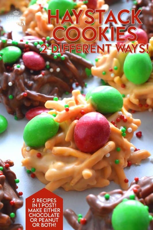 No Bake Haystack Cookies have been around for years! This recipe is super easy to make and everyone seems to love them. Make them 2 different ways and pile them onto your holiday cookie platter. Will you make the peanut butter or chocolate version - or even both!? #haystack #nobake #christmas #holiday #cookies #chocolate #peanutbutter