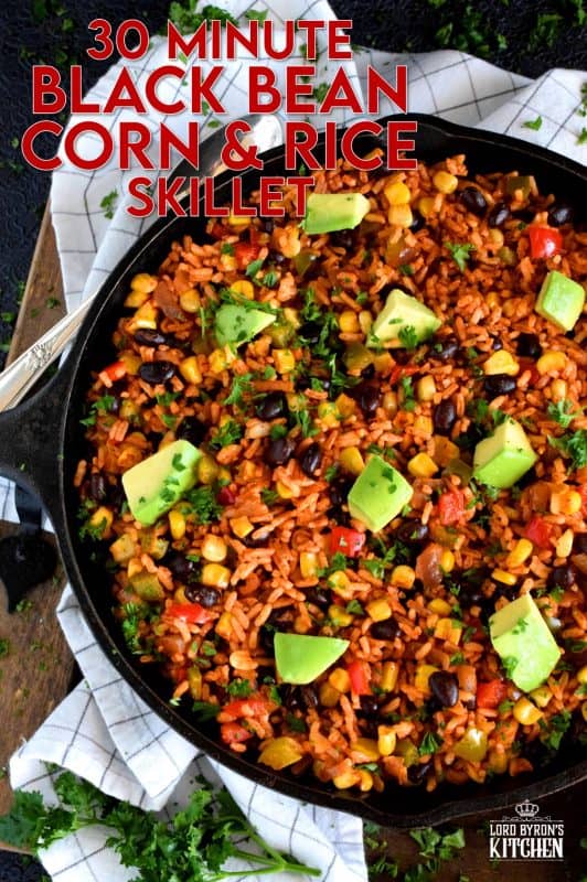 30 Minute Black Bean Corn and Rice Skillet has everything a well-rounded, wholesome meal needs! This is a perfect family dinner with many serving options. Roll it into a burrito or pile it into a bowl with cheese and sour cream on top! #30minute #blackbean #skillet #onepot #dinner