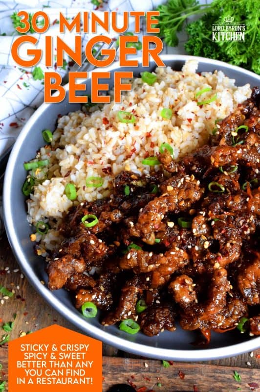 Thinly sliced beef, fried until crispy, and coated in a sweet and slightly spicy garlic and ginger sauce; 30 Minute Ginger Beef is an inexpensive dinner the whole family will love! #ginger #beef #takeout #homemade #garlic #fried #crispy