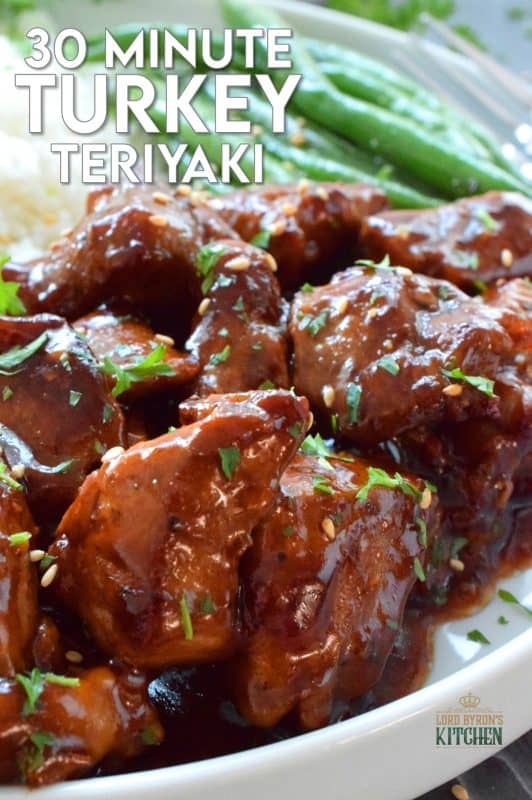 Boneless skinless turkey thighs are seasoned in a basic marinade and pan fried until golden brown and tender. Tossed in a quick homemade sauce, 30 Minute Turkey Teriyaki is a fresh approach to preparing heart-healthy turkey. It's so easy, so fast, and so delicious, so why serve turkey only at Thanksgiving!? #30minutemeals #turkey #teriyaki #turkeyrecipes