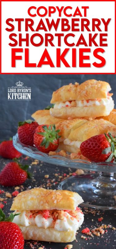 A deliciously creamy and sweet frosting is layered between a flaky and crispy puff pastry with strawberry shortcake crumbs and homemade strawberry jam. Copycat Strawberry Shortcake Flakies just might be better than the original store-bought version! Give them a try! #flakies #passionflakies #copycatrecipes #strawberryshortcake #strawberry #valentine #desserts