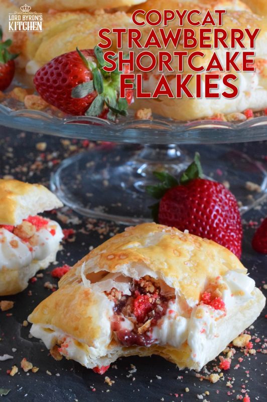 A deliciously creamy and sweet frosting is layered between a flaky and crispy puff pastry with strawberry shortcake crumbs and homemade strawberry jam. Copycat Strawberry Shortcake Flakies just might be better than the original store-bought version! Give them a try! #flakies #passionflakies #copycatrecipes #strawberryshortcake #strawberry #valentine #desserts