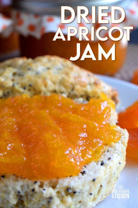 Thick, tart, and sweet, Dried Apricot Jam is great on toast, smeared onto scones, or baked into thumbprint cookies! Dried apricots make it very quick and easy to make jam, because there is very little moisture content, so the jam comes together without excessive simmering time. #preserves #apricot #dried #fruit #jam