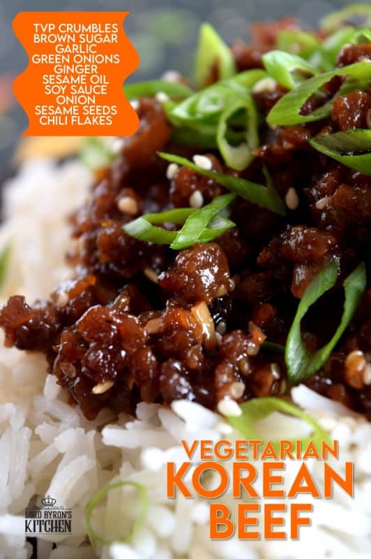 This is a vegetarian version of the popular Korean bulgogi. Vegetarian Korean Beef is a dish you didn't know you needed. It uses textured vegetable protein to achieve the same results as ground beef. 20 minutes start to finish! Even carnivores can't get enough of this! #korean #beef #bulgogi #vegetarian #TVP #crumbles