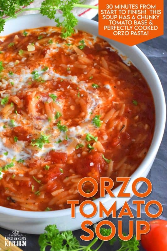 With a creamy tomato base, and its homey and comforting flavour, Orzo Tomato Soup is prepared in thirty minutes and is gloriously delicious! Packed with chopped tomatoes, onion, garlic, and pasta, this soup is both hearty and comforting - a perfect supper on a cold, winter weeknight! #soup #vegetarian #vegan #tomatosoup #soupwithpasta #orzo