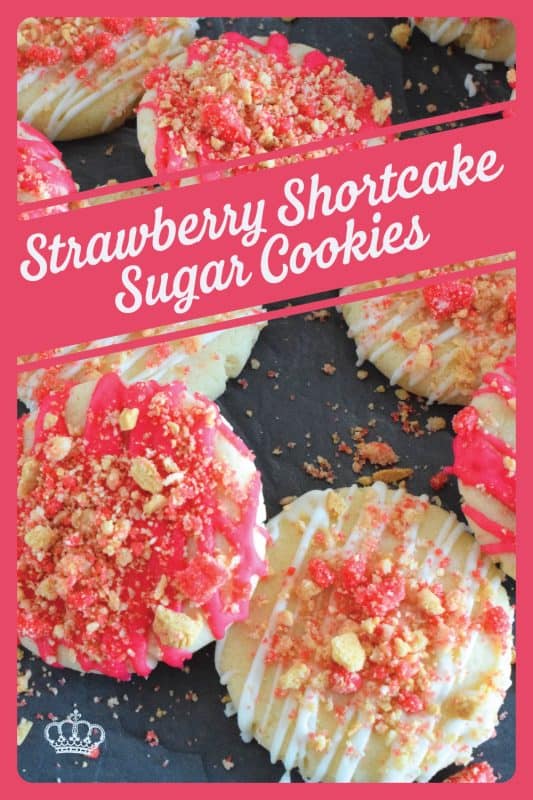 The uncomplicated and delicious sugar cookie gets a fresh, new flavour profile, and an upgrade in this Strawberry Shortcake Sugar Cookies recipe. A classic sugar cookie base is topped with a simple glaze and sprinkled with homemade shortcake crumbs. These would make a great giftable dessert idea for Valentine's Day! #sugarcookies #cookies #valentines #strawberry #shortcake