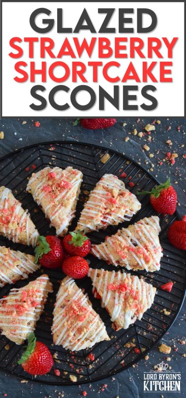Glazed Strawberry Shortcake Scones have triple the strawberry flavour for the absolute most strawberry-esque scone ever! Packed with real strawberries, strawberry shortcake crumble, and strawberry extract, these are a tasty and delightful sweet treat! #strawberry #shortcake #strawberryshortcake #scones #dried #fresh