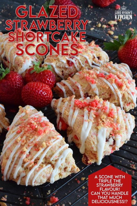 Glazed Strawberry Shortcake Scones have triple the strawberry flavour for the absolute most strawberry-esque scone ever! Packed with real strawberries, strawberry shortcake crumble, and strawberry extract, these are a tasty and delightful sweet treat! #strawberry #shortcake #strawberryshortcake #scones #dried #fresh