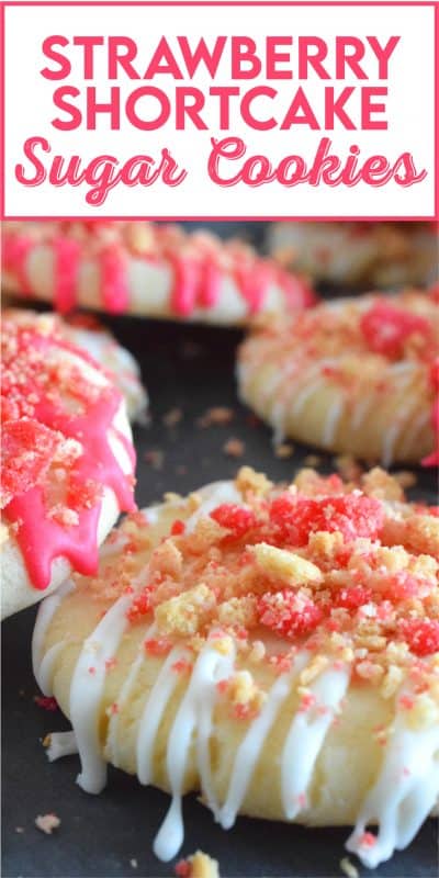 The uncomplicated and delicious sugar cookie gets a fresh, new flavour profile, and an upgrade in this Strawberry Shortcake Sugar Cookies recipe. A classic sugar cookie base is topped with a simple glaze and sprinkled with homemade shortcake crumbs. These would make a great giftable dessert idea for Valentine's Day! #sugarcookies #cookies #valentines #strawberry #shortcake