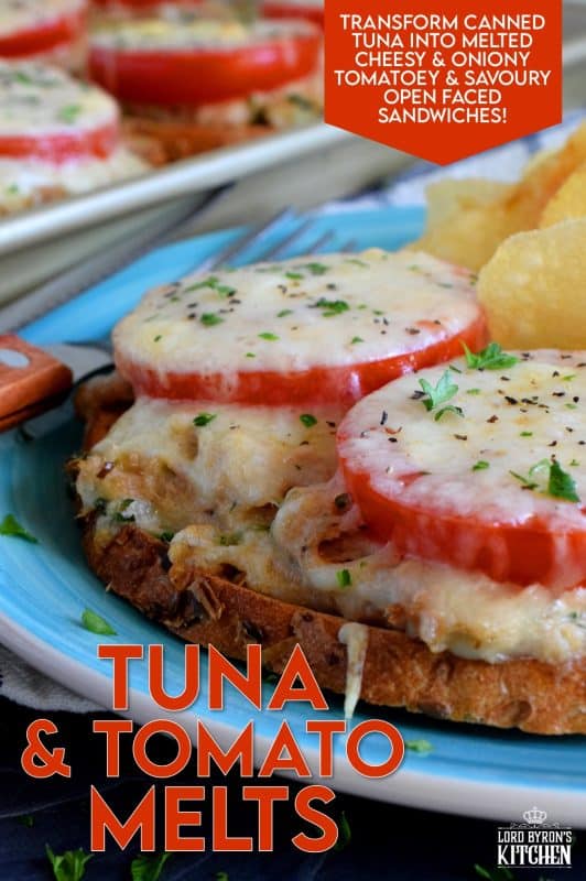 Looking for new ways to use canned tuna? Look no further! Tuna and Tomato Melts are our new family favourite weeknight dinner! All you need is a baking sheet, so there's very little clean up. Serve with a side of kettle chips for a delicious meal! #tuna #sandwiches #dinner #melt #tunamelt