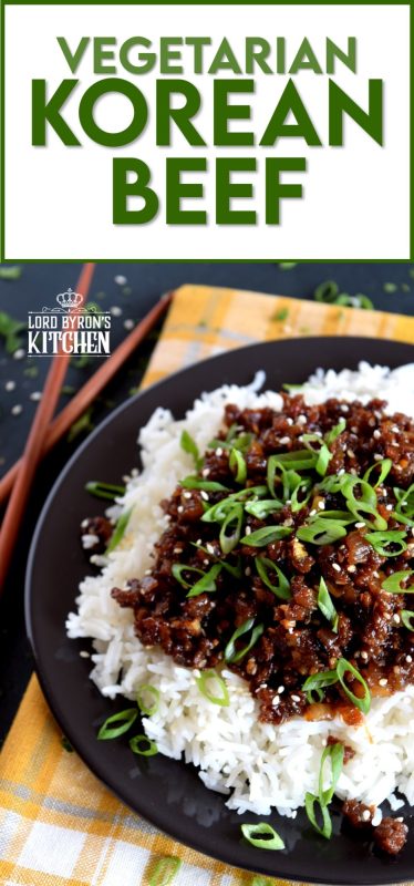 This is a vegetarian version of the popular Korean bulgogi. Vegetarian Korean Beef is a dish you didn't know you needed. It uses textured vegetable protein to achieve the same results as ground beef. 20 minutes start to finish! Even carnivores can't get enough of this! #korean #beef #bulgogi #vegetarian #TVP #crumbles