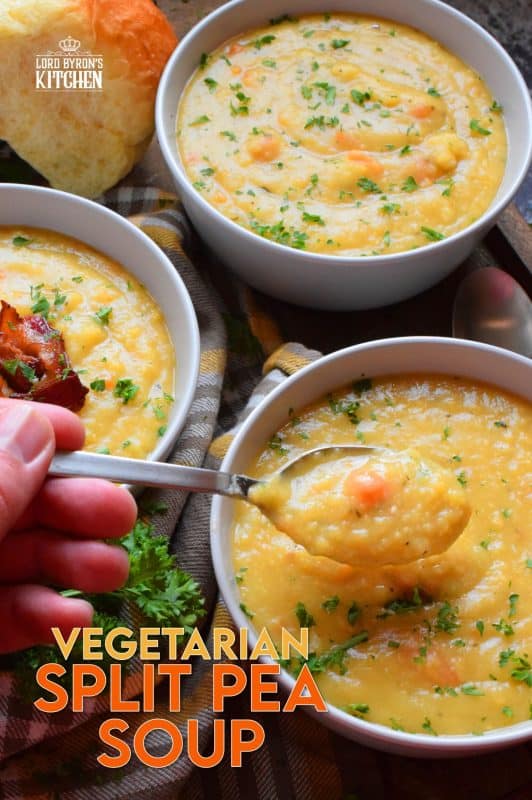 Vegetarian Split Pea Soup is every bit as delicious, wholesome, and nostalgic as the soup your mom made. This is a pantry staple recipe with a few fresh root vegetables. Not looking for a vegetarian soup? Add bacon or ham to your soup or serve them both on the side! #soup #splitpea #split #pea #dried #yellow #dumplings #vegetarian