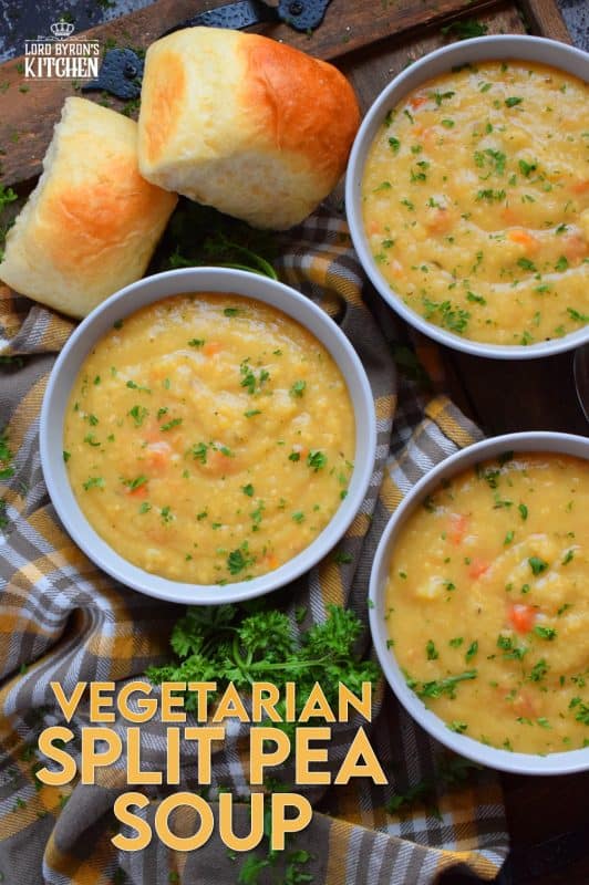 Vegetarian Split Pea Soup is every bit as delicious, wholesome, and nostalgic as the soup your mom made. This is a pantry staple recipe with a few fresh root vegetables. Not looking for vegetarian soup? Add bacon or ham to your soup or serve them both on the side! #soup #splitpea #split #pea #dried #yellow #dumplings #vegetarian
