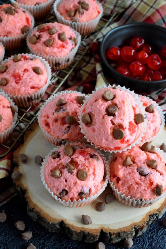 Prepared with a basic muffin recipe, these delicious, pretty pink muffins comes to life with chocolate chips and candied red cherries! #valentines #muffins #cherry #chocolate