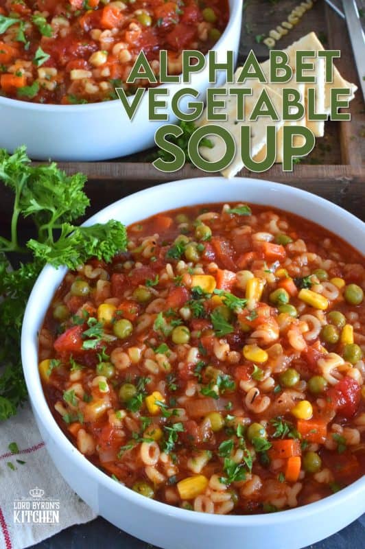This is my interpretation of the canned Alphabet Vegetable Soup we all grew up with! In this version, however, I'm using whole, real, and fresh ingredients, and increasing the vegetable to pasta ratio. Pictured is a vegetarian version, but there's a beef version in the recipe card below! #soup #alphabetpasta #alphabetsoup #pasta #copycat #campbells