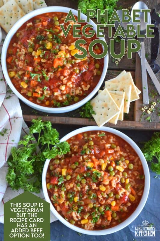 This is my interpretation of the canned Alphabet Vegetable Soup we all grew up with! In this version, however, I'm using whole, real, and fresh ingredients, and increasing the vegetable to pasta ratio. Pictured is a vegetarian version, but there's a beef version in the recipe card below! #soup #alphabetpasta #alphabetsoup #pasta #copycat #campbells