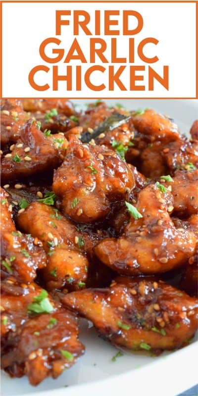 Fried Garlic Chicken is a crispy fried chicken in a thick and savoury garlic sauce; this dish is most certainly for the garlic lover. Prepared with a unique battering technique, and double fried, this chicken is sweet and super garlicky - it's made with twelve cloves of garlic! #garliclovers #garlicky #friedchicken #chicken #thighs