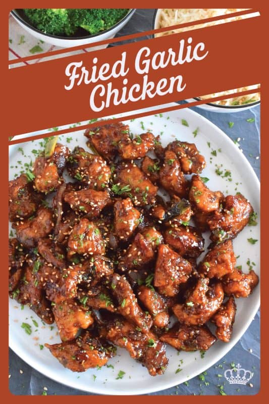 Fried Garlic Chicken is a crispy fried chicken in a thick and savoury garlic sauce; this dish is most certainly for the garlic lover. Prepared with a unique battering technique, and double fried, this chicken is sweet and super garlicky - it's made with twelve cloves of garlic! #garliclovers #garlicky #friedchicken #chicken #thighs