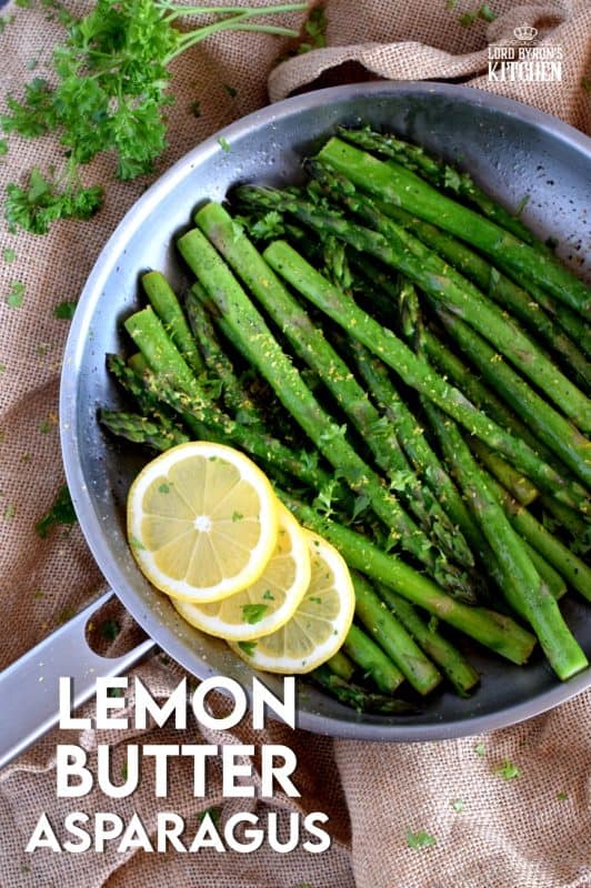 Lemon Butter Asparagus is as simple as it gets - gently sautéed asparagus in a little salted butter with lemon juice, lemon zest, and seasoning.  It's a side that is bright and refreshing; a perfect spring and summer side! #asparagus #fresh #saute #skillet #lemon #butter #fried