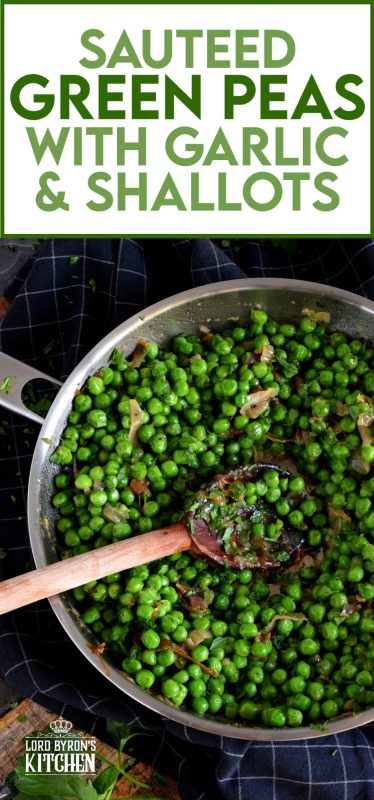 A side dish needn't be complicated and fussy; Sauteed Green Peas is a wonderful side to almost any meal! Just a few basic ingredients, like peas, garlic, and shallots is all you need to transform the humble pea into an extraordinary side! #green #peas #side #dish