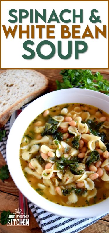 Delicious, hearty, and full of nutritious ingredients – Spinach and White Bean Soup is good for you and has just the right balance of vegetables, protein, and carbohydrates. A well rounded, feel-good, dinner for all! #soup #beansoup #spinach #vegetarian #vegetariansoup #meatlessmonday