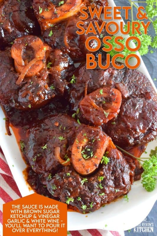 These super moist and tender veal shanks are braised in a rich tomato, white wine, and brown sugar-based sauce. The secret to this delicious Sweet and Savoury Osso Buco, is allowing the meat to cook slowly over low heat in a covered pan for hours. One cannot rush perfection and this osso buco recipe is most certainly perfect! #ossobuco #veal #vealshanks #osso #buco