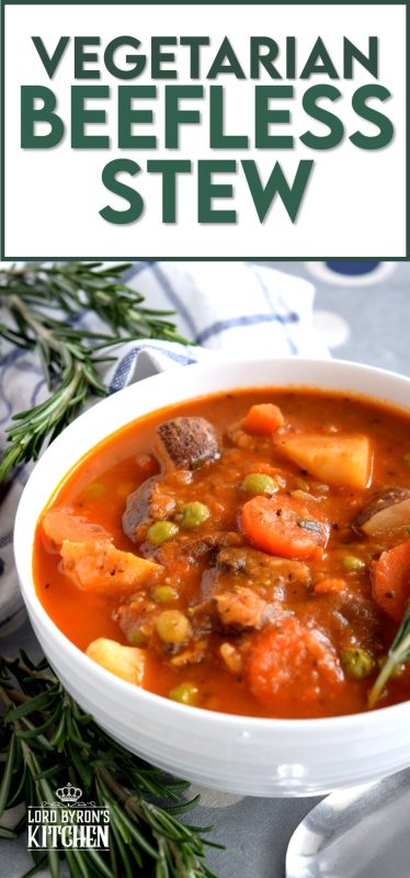 Substituting stewing beef with chunky mushrooms is a great way to make Vegetarian Beefless Stew. Use hearty mushrooms, like creminis, for best results. It's so delicious and so hearty, everyone will love it - even the meat lover in your family! #vegetarian #beefless #meatless #beef #stew #soup