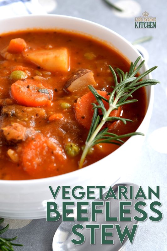 Substituting stewing beef with chunky mushrooms is a great way to make Vegetarian Beefless Stew. Use hearty mushrooms, like creminis, for best results. It's so delicious and so hearty, everyone will love it - even the meat lover in your family! #vegetarian #beefless #meatless #beef #stew #soup