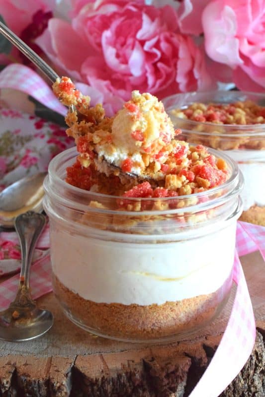 Remember those pink and white ice cream bars with the crumb coating? If you loved those, then you're already a fan of Shelby's Strawberry Shortcake. Prepared in a jar or as a pie, this is a simple to prepare dessert that will have your guests begging for more! #strawberryshortcake #shortcake #strawberry #pie #nobake