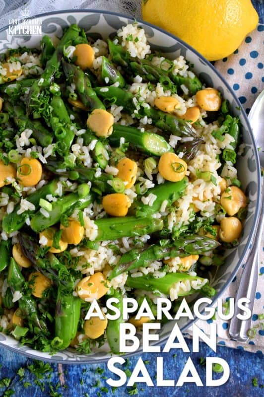A delicious side salad, yet hearty enough to be a complete meal. Made with asparagus and canned beans, this dish is great served cold or at room temperature! #asparagus #lupini #bean #rice #salad #summer #picnic #backyard