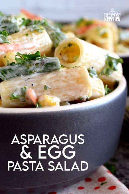 Served cold or at room temperature, Asparagus and Egg Pasta Salad is a dish best served in late spring or early summer when fresh asparagus is readily available. Bring this dish to your next picnic or potluck and you'll surely be the belle of the ball! #asparagus #egg #salad #pasta #fresh #picnic #summer #potluck