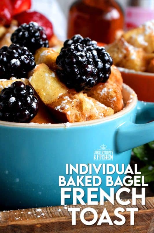 Individual Baked Bagel French Toast Pots are a classic, family style dish, which has been elevated to something special and unique. Try using bagels instead of bread for a whole new level of texture! #frenchtoast #bagels #frenchtoastbagels #breakfast #brunch #lecreuset