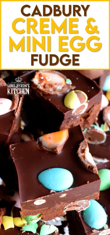 Cadbury Creme and Mini Egg Fudge is a dense chocolate fudge loaded with both creme eggs and mini eggs. It's an easy and perfect Easter chocolate indulgence. Try eating just one piece; I dare you! #fudge #easter #easterchocolate #cadbury #cremeeggs