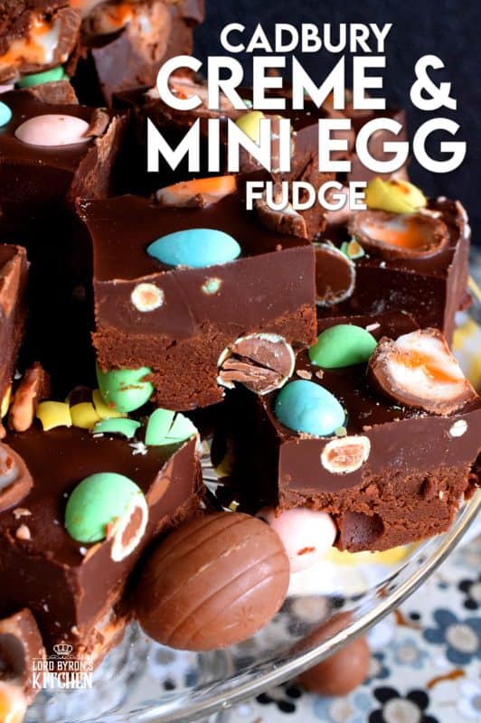 Cadbury Creme and Mini Egg Fudge is a dense chocolate fudge loaded with both creme eggs and mini eggs. It's an easy and perfect Easter chocolate indulgence. Try eating just one piece; I dare you! #fudge #easter #easterchocolate #cadbury #cremeeggs