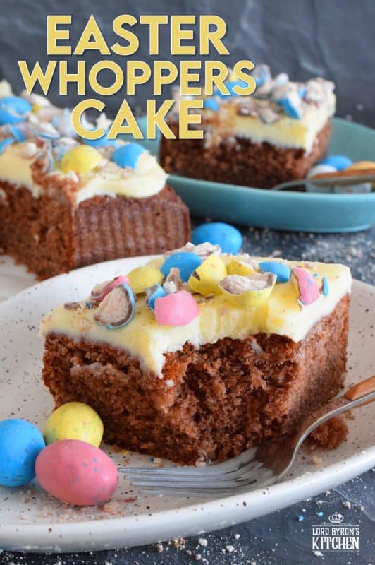 This Easter Whoppers Cake is light and fluffy, yet moist and flavourful, and prepared with chocolate pudding! The cake is topped with buttercream frosting, and crushed whoppers. If you have never tried a cake made with pudding, you're in for a treat! This is the ultimate Easter Sunday dessert! #whoppers #easter #desserts #cake #chocolate #pudding #eastercake