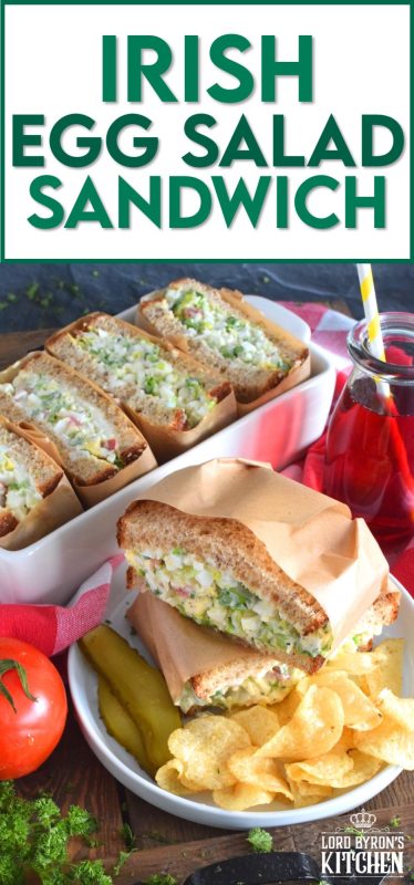 Take this Irish Egg Salad Sandwich to work with you for lunch this St. Patrick's Day! It's the most delicious and interesting egg salad sandwich you'll ever eat! It is super flavourful and filled with freshness too. Get your favourite sandwich bread and overfill it with this egg salad mixture; if it's not messy, you're not doing it right! #eggsalad #sandwich #eggsandwich #irish #stpatricksday #eggsaladsandwich #vegetarian