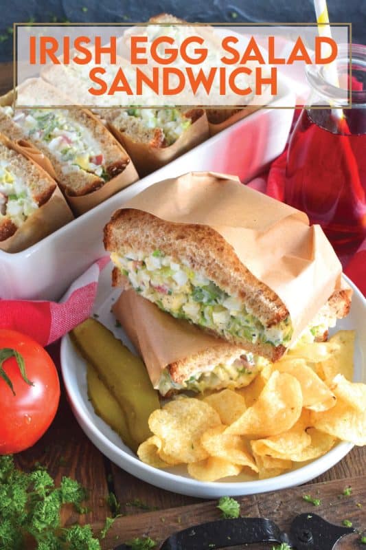 Take this Irish Egg Salad Sandwich to work with you for lunch this St. Patrick's Day! It's the most delicious and interesting egg salad sandwich you'll ever eat! It is super flavourful and filled with freshness too. Get your favourite sandwich bread and overfill it with this egg salad mixture; if it's not messy, you're not doing it right! #eggsalad #sandwich #eggsandwich #irish #stpatricksday #eggsaladsandwich #vegetarian