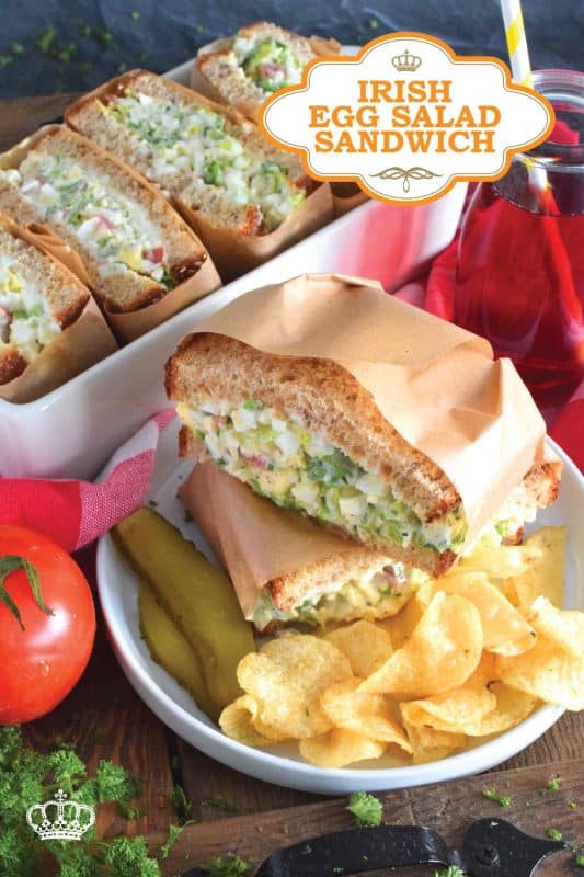 Take this Irish Egg Salad Sandwich to work with you for lunch this St. Patrick's Day! It's the most delicious and interesting egg salad sandwich you'll ever eat! It is super flavourful and filled with freshness too. Get your favourite sandwich bread and overfill it with this egg salad mixture; if it's not messy, you're not doing it right! #eggsalad #sandwich #eggsandwich #irish #stpatricksday #eggsaladsandwich #vegetarian