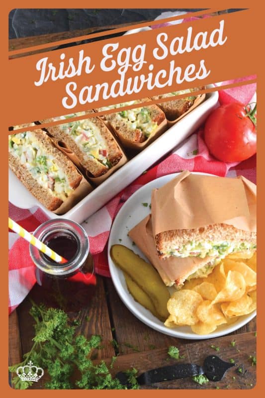 Take this Irish Egg Salad Sandwich to work with you for lunch this St. Patrick's Day! It's the most delicious and interesting egg salad sandwich you'll ever eat! It is super flavourful and filled with freshness too. Get your favourite sandwich bread and overfill it with this egg salad mixture; if it's not messy, you're not doing it right! #eggsalad #sandwich #eggsandwich #irish #stpatricksday #eggsaladsandwich #vegetarian