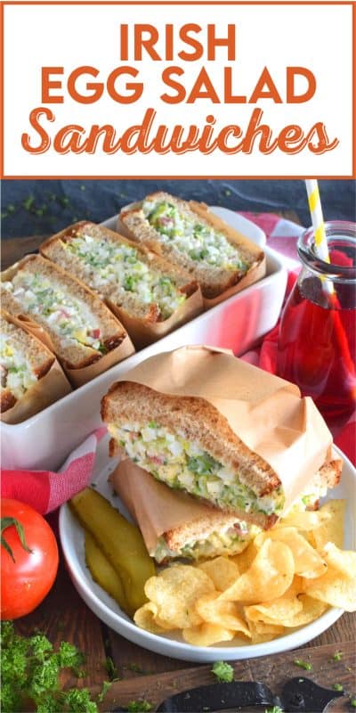Take this Irish Egg Salad Sandwich to work with you for lunch this St. Patrick's Day! It's the most delicious and interesting egg salad sandwich you'll ever eat! It is super flavourful and filled with freshness too. Get your favourite sandwich bread and overfill it with this egg salad mixture; if it's not messy, you're not doing it right! #eggsalad #sandwich #eggsandwich #irish #stpatricksday #eggsaladsandwich #vegetarian