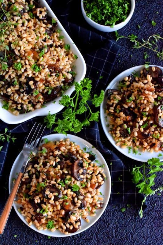 A warm, hearty salad is a great wintertime dinner option, but it's also quite delicious served as a main on a warm, spring evening.  Warm Mushroom and Barley Salad is prepared with caramelized shallots and is bursting with bright citrus-y flavour too! #barley #warmsalad #mushrooms #cremini #vegetarian #wintersalad