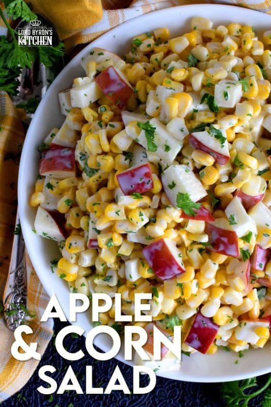With just a few ingredients, Apple and Corn Salad is one of those great tasting recipes that gives you lots of bang for your buck! This was oftentimes served with potato salads and chicken for Sunday night supper! #corn #apple #salad #summersalad #cornsalad #applesalad