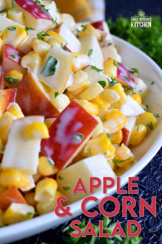 With just a few ingredients, Apple and Corn Salad is one of those great tasting recipes that gives you lots of bang for your buck! This was oftentimes served with potato salads and chicken for Sunday night supper! #corn #apple #salad #summersalad #cornsalad #applesalad