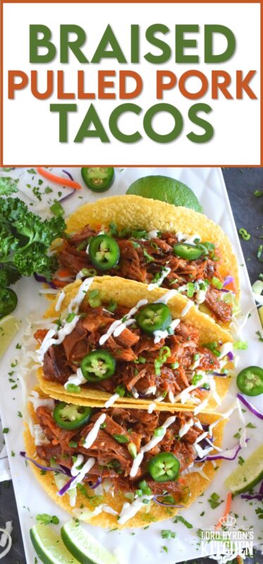 Moist and tender pork shoulder roast is braised in a rich and sweet tomato-based sauce with white wine, and brown sugar. The secret to these absolutely delicious Braised Pulled Pork Tacos is allowing the meat to cook slowly over low heat in a covered pan for multiple hours. Braising cannot be rushed and patience is greatly rewarded with just one bite of this deliciously savoury taco! #tacos #pulledpork #stovetop #castironcooking #dutchoven #porkshoulder #pork