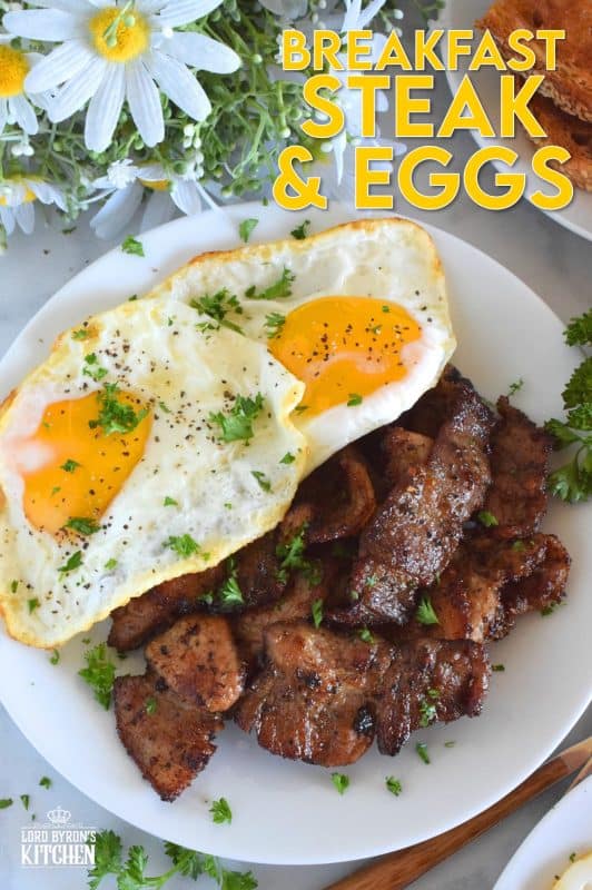 Breakfast Steak and Eggs is most certainly a hearty meal! Most morning routines don't make room for such luxuries, but a weekend breakfast or brunch is a perfect time to indulge in something as delicious as this! Go ahead and prepare the beef the night before. The longer it marinates, the more tender and juicy it will be! #breakfast #steak #steakandeggs #eggs #bigbreakfast #brunch