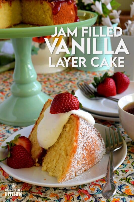 This gorgeous, easy-to-prepare, homemade Jam Filled Vanilla Layer Cake is not only delicious but also quite impressive! Although basic and rustic in presentation, this cake looks like a million bucks! No cake-decorating skills are needed for this beautiful showpiece! And, as a bonus, you can use your favourite jam flavour too! #jam #filling #cake #vanilla #easy #center