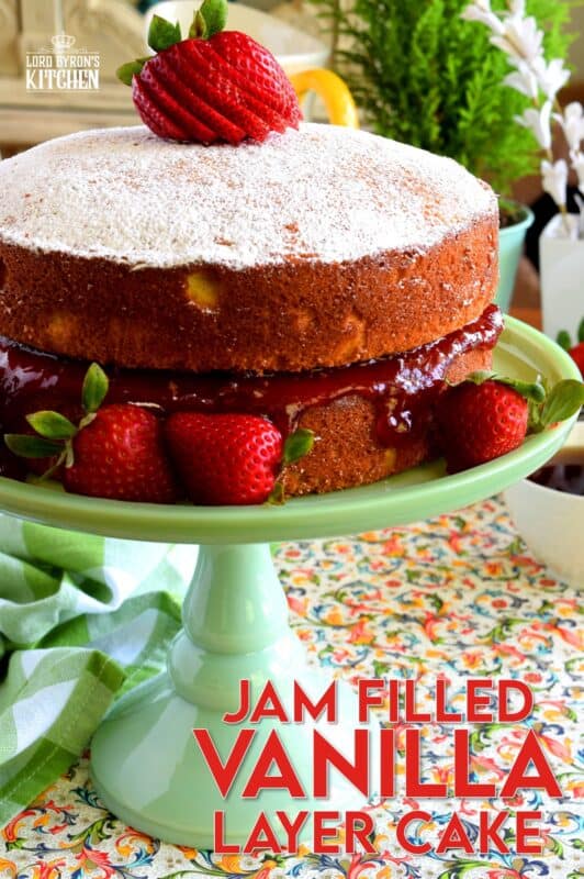 This gorgeous, easy-to-prepare, homemade Jam Filled Vanilla Layer Cake is not only delicious but also quite impressive! Although basic and rustic in presentation, this cake looks like a million bucks! No cake-decorating skills are needed for this beautiful showpiece! And, as a bonus, you can use your favourite jam flavour too! #jam #filling #cake #vanilla #easy #center